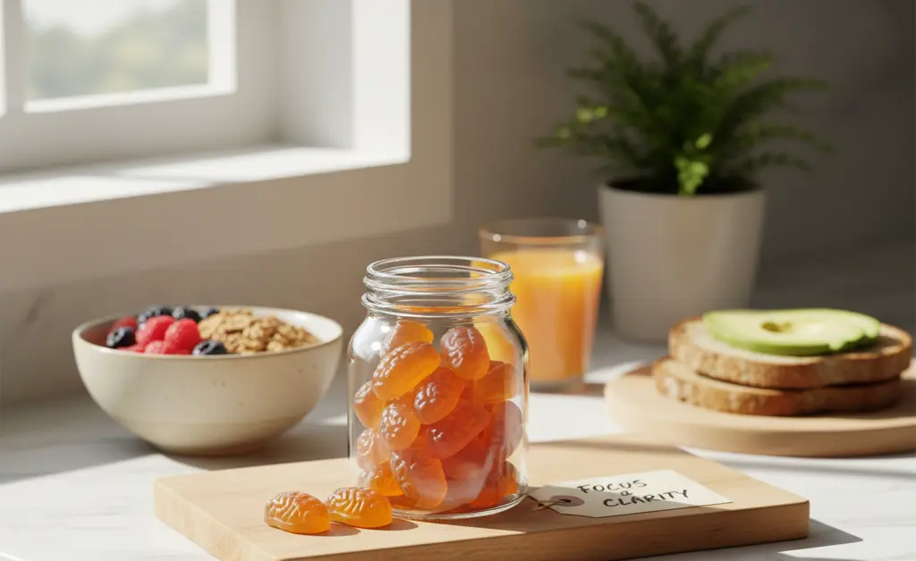 A visually balanced and informative image illustrating potential lion's mane mushroom gummies side effects in a calm, health-conscious setting.