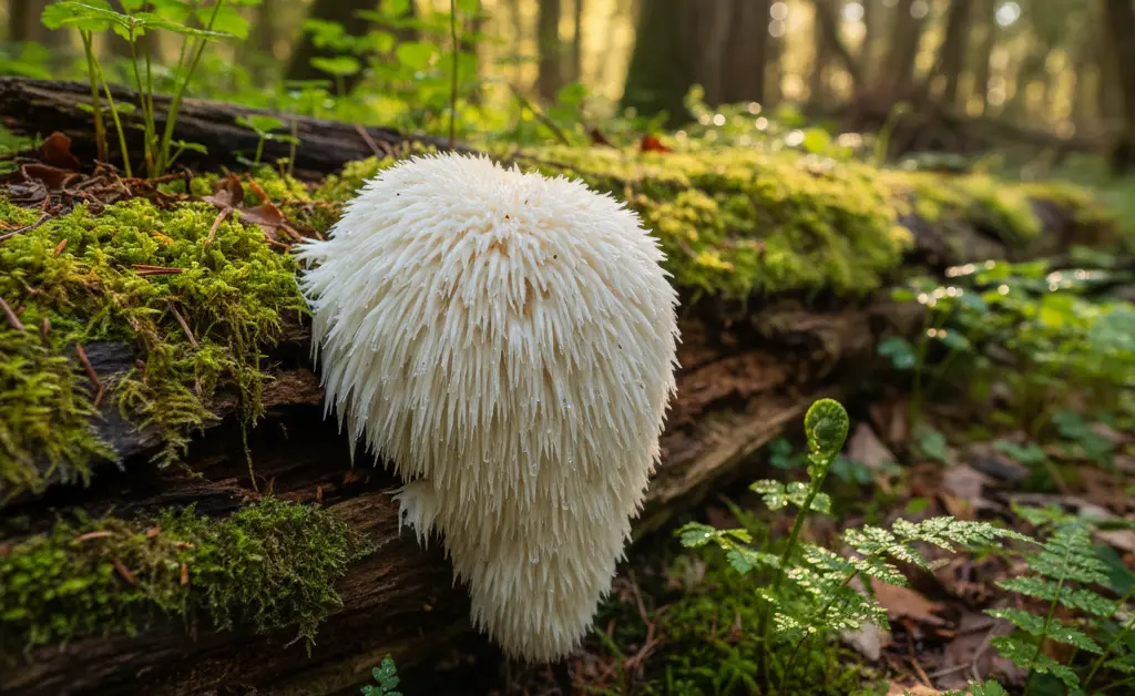 A detailed close-up showcases the delicate, cascading spines of the lion's mane mushroom within its natural lion's mane mushroom habitat.