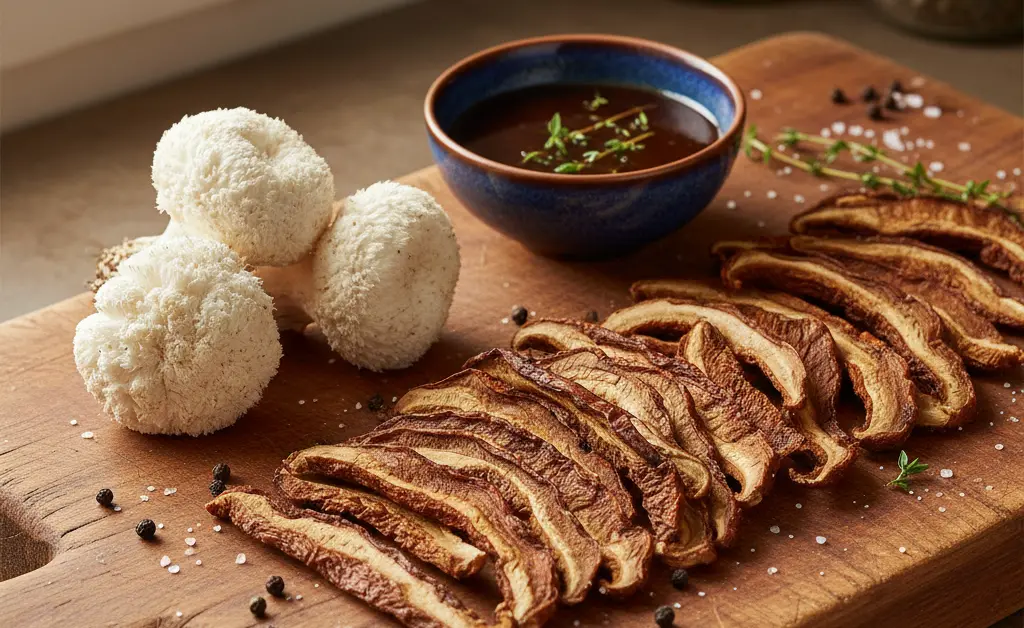 A close-up, overhead view of a plate showcasing the delicious lion's mane mushroom jerky recipe, with strips artfully arranged next to fresh lion's mane mushrooms and a marinade bowl.