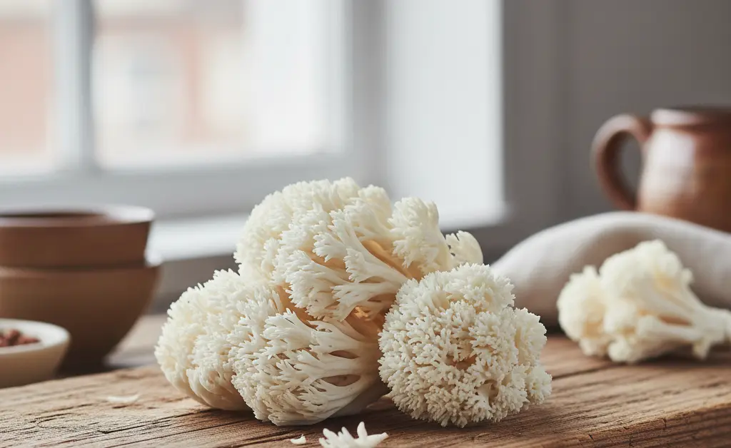 A close-up, photorealistic shot of fresh lion's mane mushrooms available for purchase, emphasizing their unique texture and natural appeal.