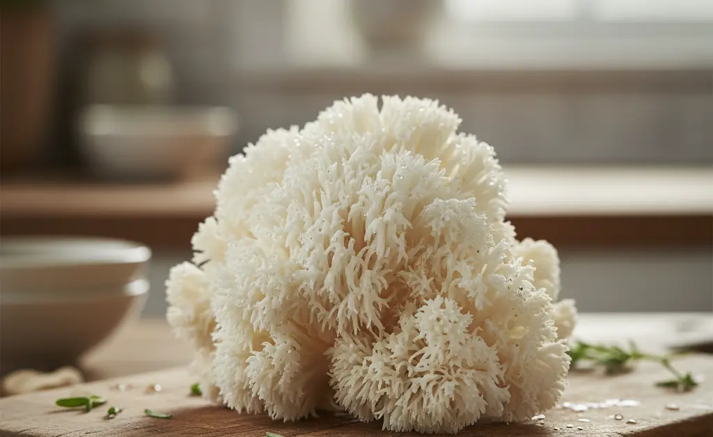 A close-up, high-quality photograph focusing on the intricate texture of a lion's mane mushroom, with a subtle, out-of-focus background hinting at a healthy lifestyle, symbolizing the connection between lion's mane mushroom kidney considerations.