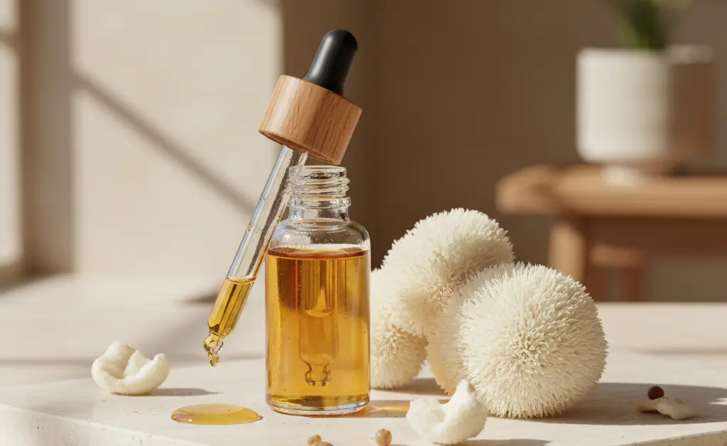 A dropper bottle containing lion's mane mushroom liquid extract sits beside fresh, vibrant lion's mane mushrooms on a clean, minimalist surface.