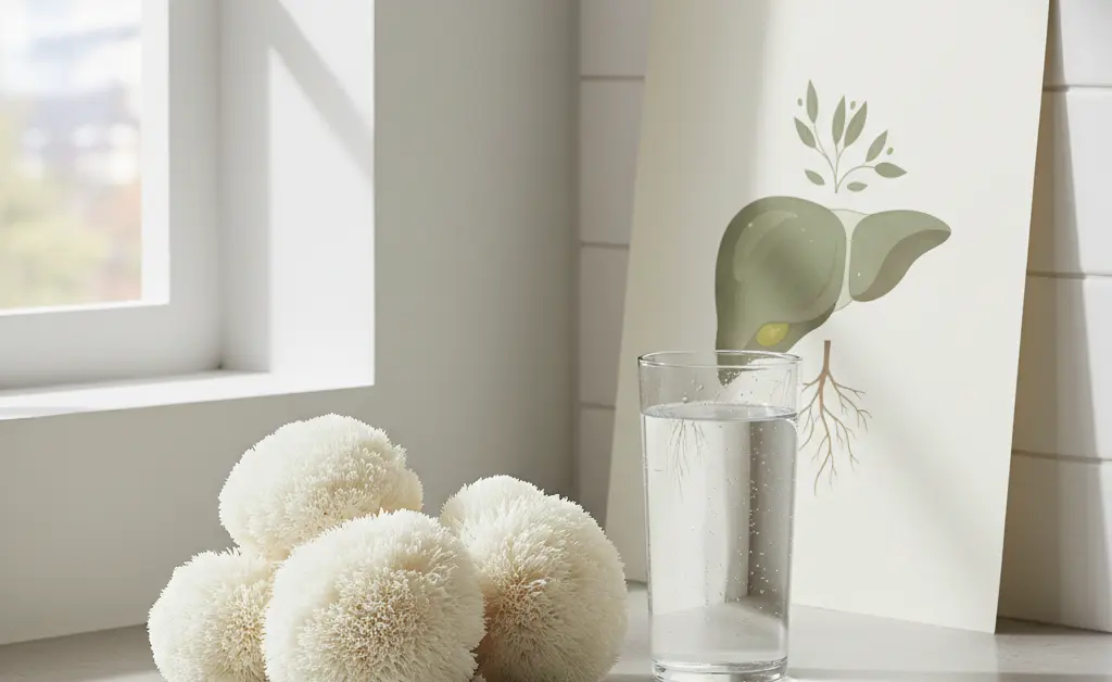 A visually appealing arrangement showcasing the potential benefits of lion's mane mushroom liver support, with fresh mushrooms and subtle health-related elements.