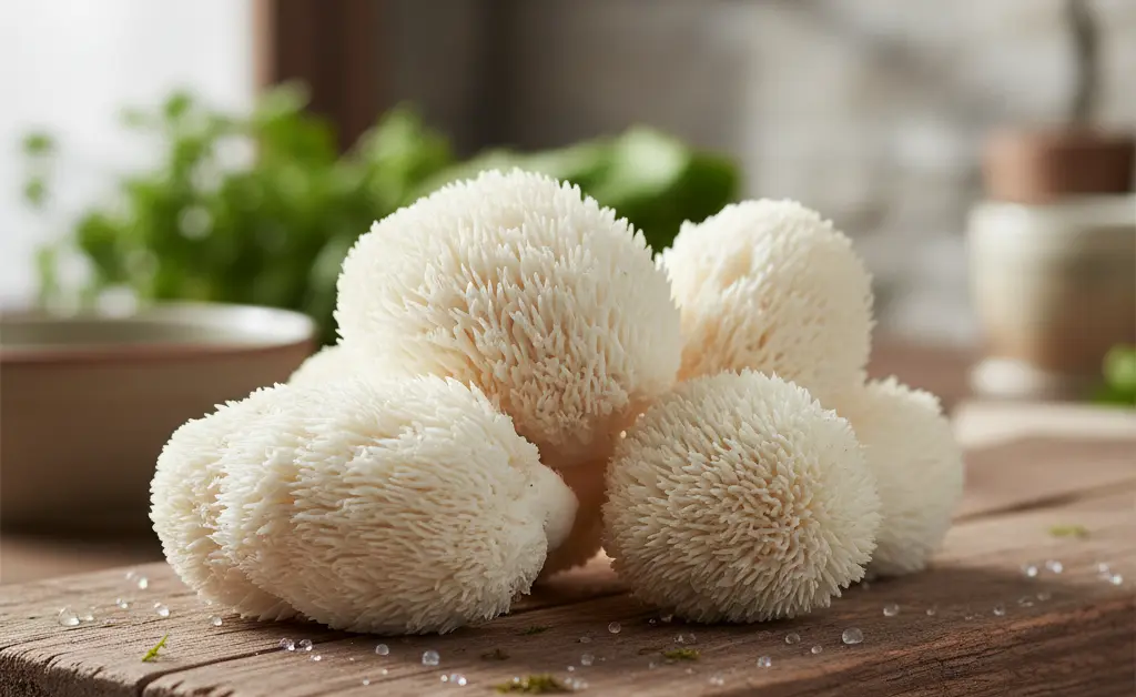 A close-up shot showcasing fresh lion's mane mushroom melbourne, highlighting its intricate texture and organic form.