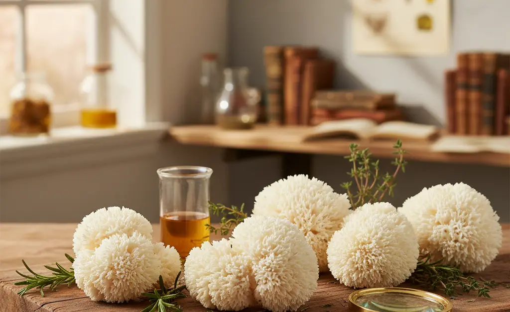An artistic still life composition featuring a cluster of lion's mane mushrooms alongside dried herbs and a blurred background suggesting a natural, research-oriented environment, hinting at the potential for lion's mane mushroom neuropathy support.