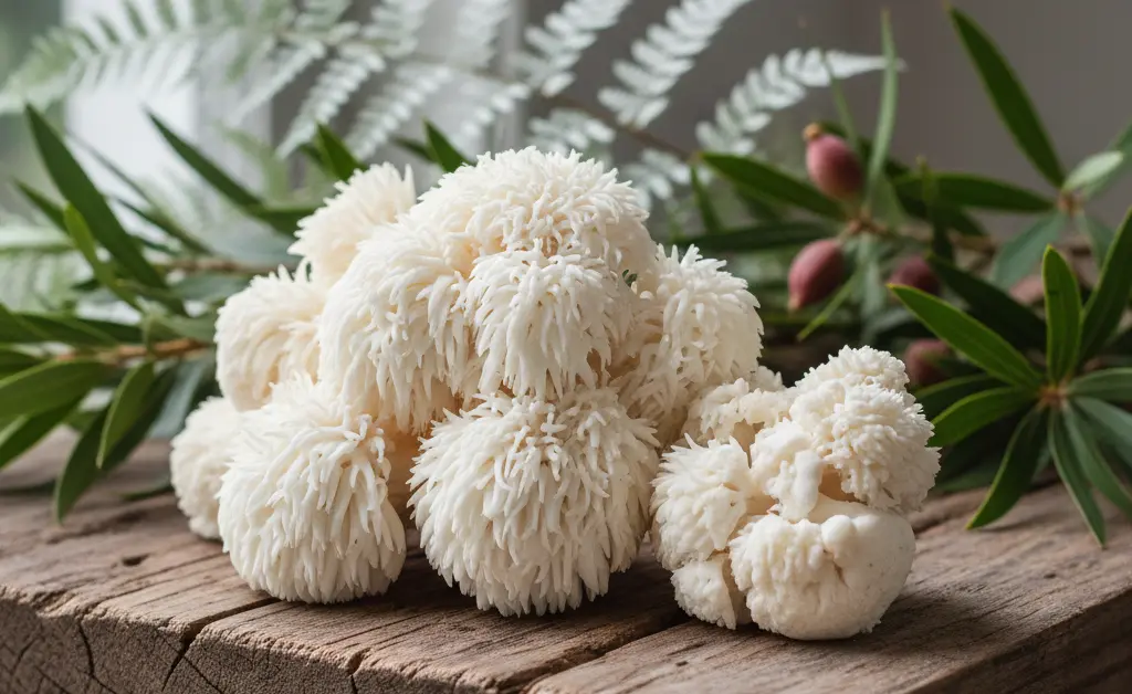 A visually appealing arrangement featuring the unique lion's mane mushroom nz, alongside natural elements suggesting its origins.