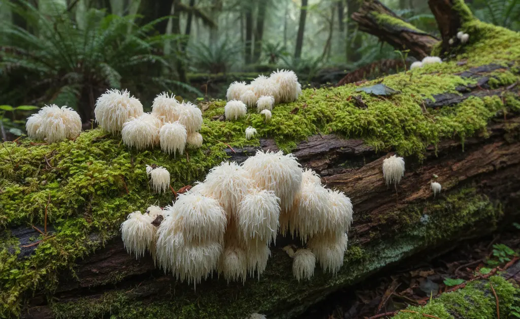 A serene forest scene capturing the natural lion's mane mushroom origin, with soft sunlight filtering through the trees.