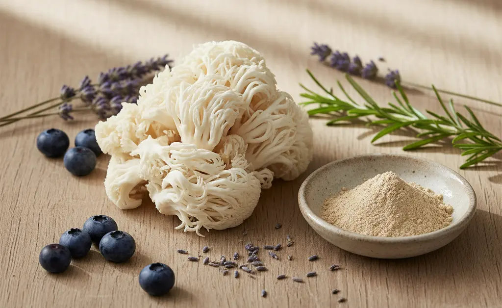 A beautifully arranged scene showcasing lion's mane mushroom powder benefits, with fresh lion's mane mushrooms, a small scoop of powder, and scattered natural ingredients like herbs and berries on a rustic wooden surface.