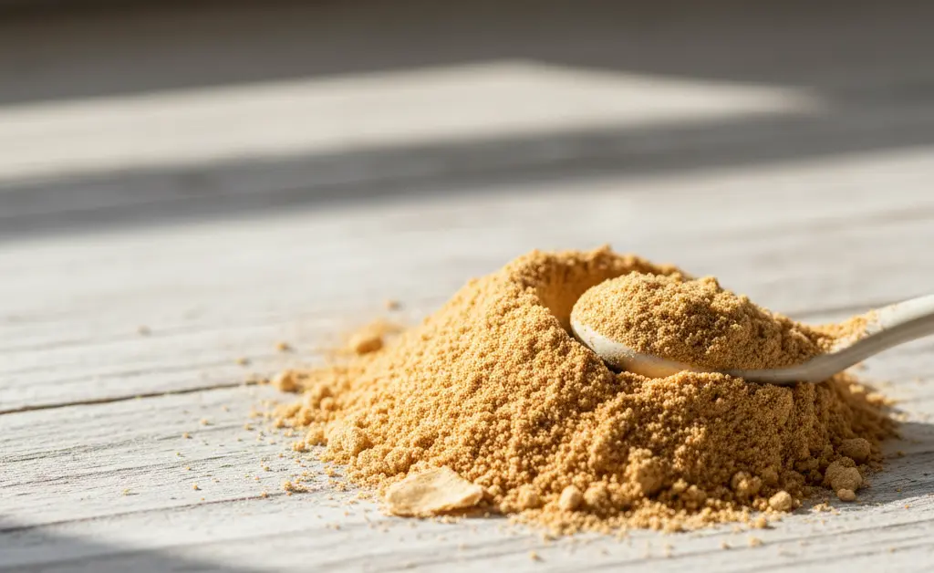 A clear, overhead view of a few spoonfuls of lion's mane mushroom powder arranged artfully on a rustic wooden surface, hinting at its use in health and wellness.