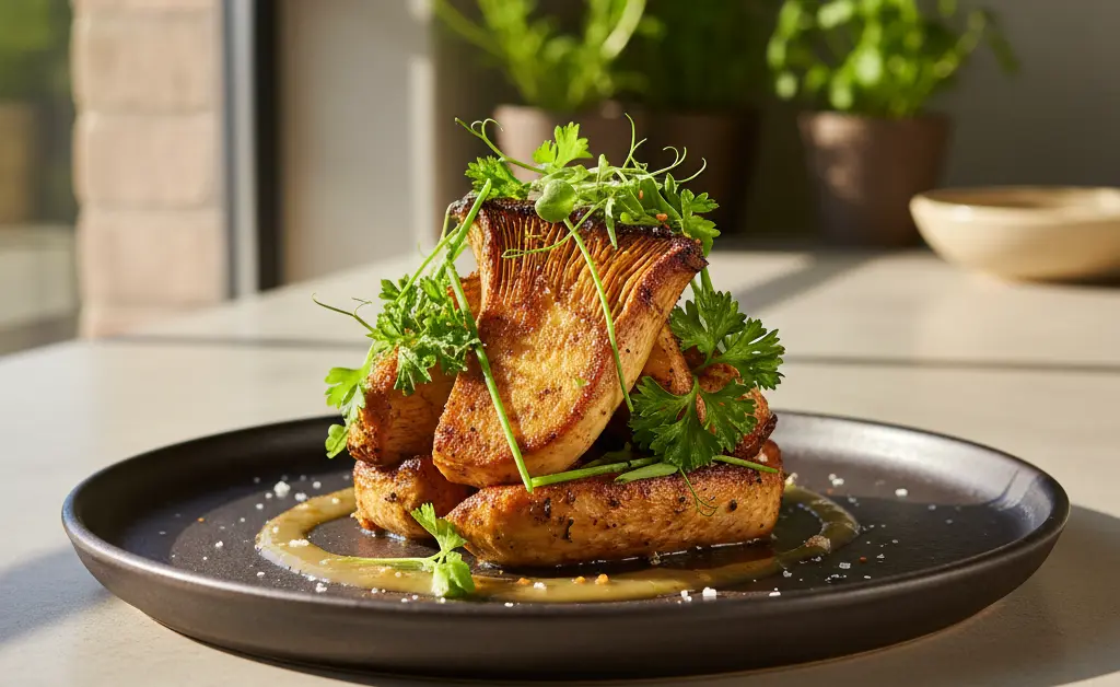 A beautifully plated and artistically arranged lion's mane mushroom recipe showcases the delicate texture and golden-brown sear of the fungi.