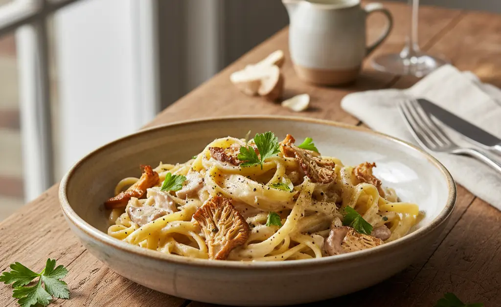 A close-up, overhead shot of the perfect creamy lion's mane mushroom recipe pasta, showcasing its rich texture and fresh herbs.