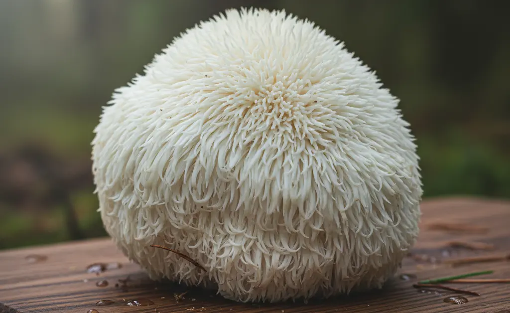 A close-up, detailed photograph showcasing the distinct cascading white tendrils of the Hericium erinaceus, also known by its popular name, the lion's mane mushroom scientific name.