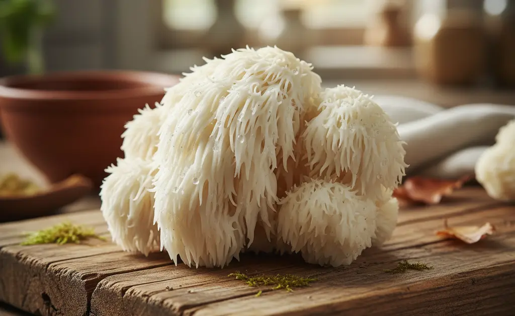 A close-up shot showcasing the intricate texture of a lion's mane mushroom, hinting at the lion's mane mushroom supplement benefits.