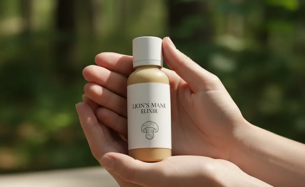 A person thoughtfully considers a bottle of lion's mane mushroom supplement while surrounded by natural elements.