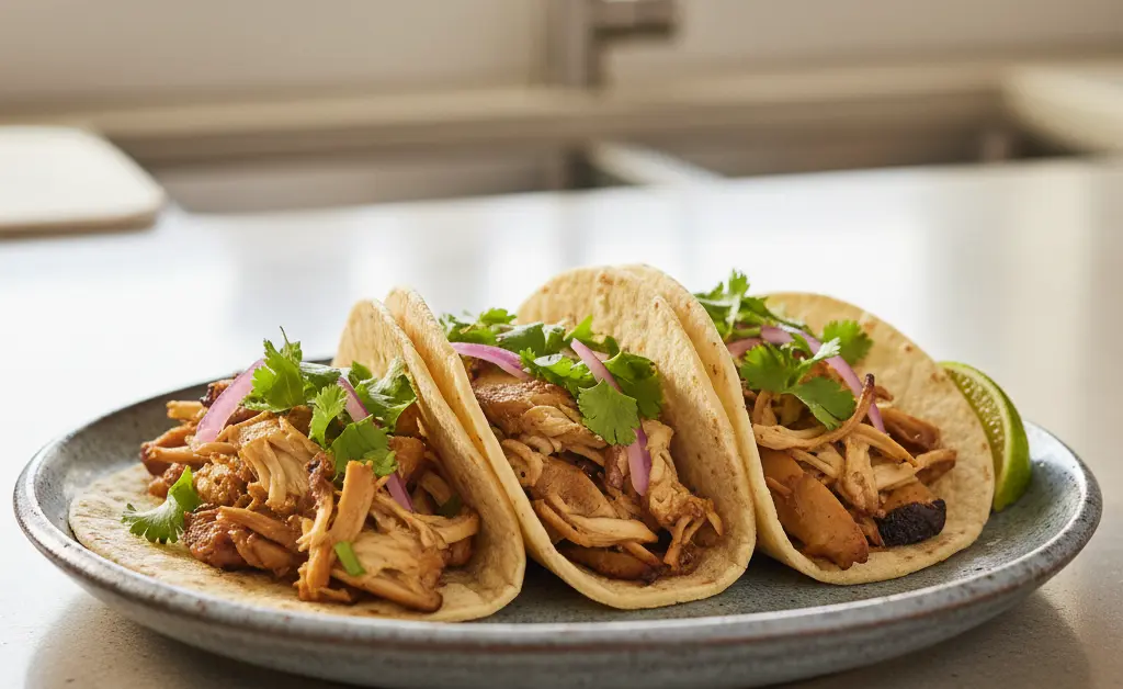 A vibrant plate of perfectly prepared lion's mane mushroom tacos garnished with fresh cilantro and lime wedges.