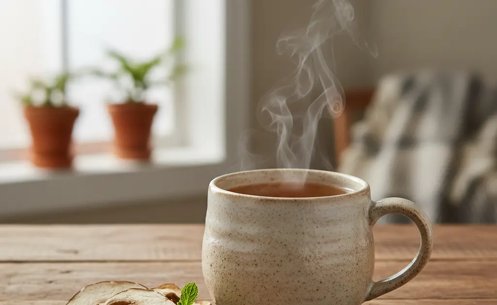A steaming mug of lion's mane mushroom tea, illustrating the lion's mane mushroom tea benefits.