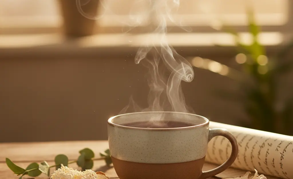 A comforting mug of lion's mane mushroom tea is elegantly placed on a wooden table, surrounded by soft, natural morning light.