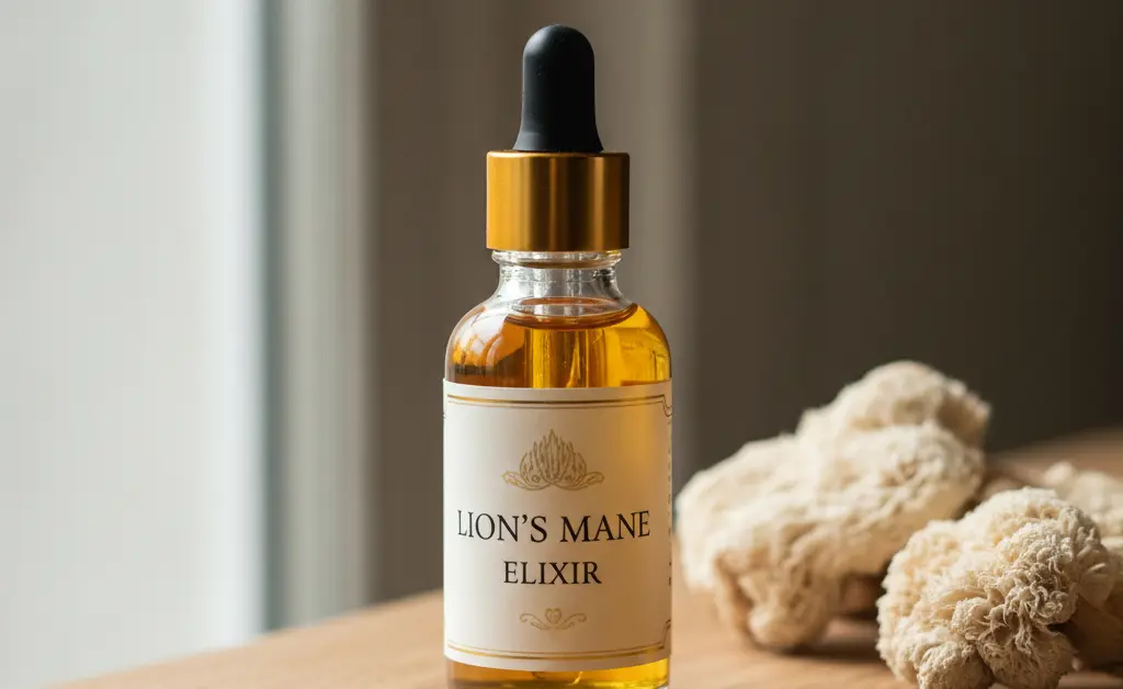 A close-up shot showcasing the rich amber liquid of a lion's mane mushroom tincture in a glass dropper bottle, evoking a sense of natural wellness.
