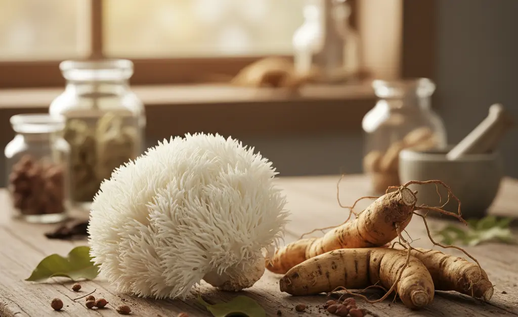 A side-by-side comparison showcasing the natural forms of lion's mane mushroom vs ashwagandha, presented artistically on a wooden surface.