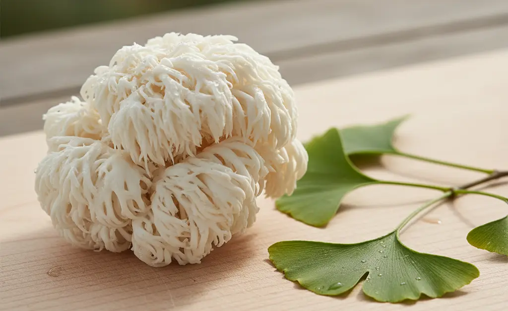 A balanced composition showcasing the distinct forms of lion's mane mushroom vs ginkgo biloba against a soft, natural backdrop.