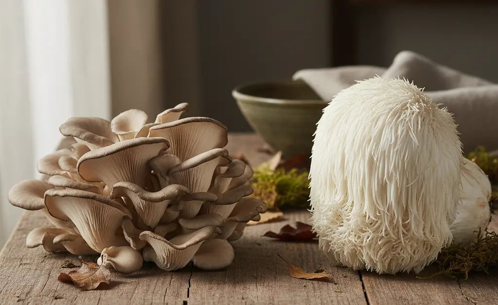 A visually appealing composition showcasing a clear distinction between lion's mane mushroom vs oyster mushroom, set against a rustic wooden surface.