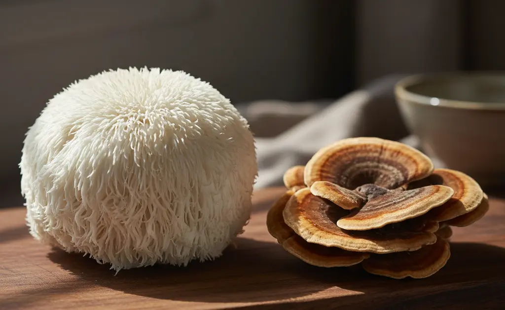 A visually appealing, high-contrast comparison showcasing the distinct textures and colors of lion's mane mushroom vs turkey tail on a natural wooden surface.