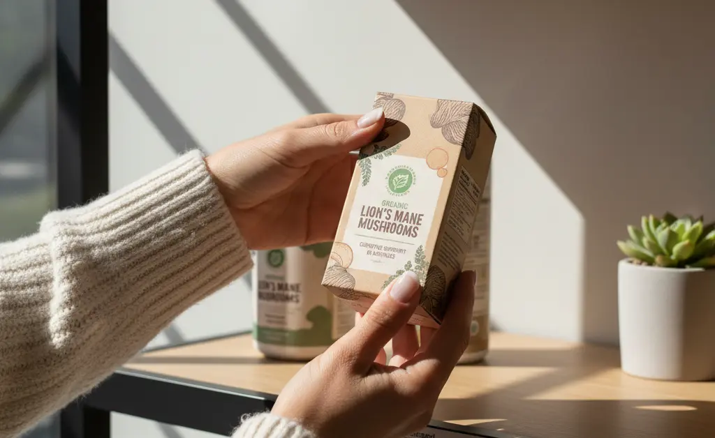A consumer thoughtfully selecting a high-quality jar of lion's mane mushroom extract, illustrating lion's mane mushroom where to buy.