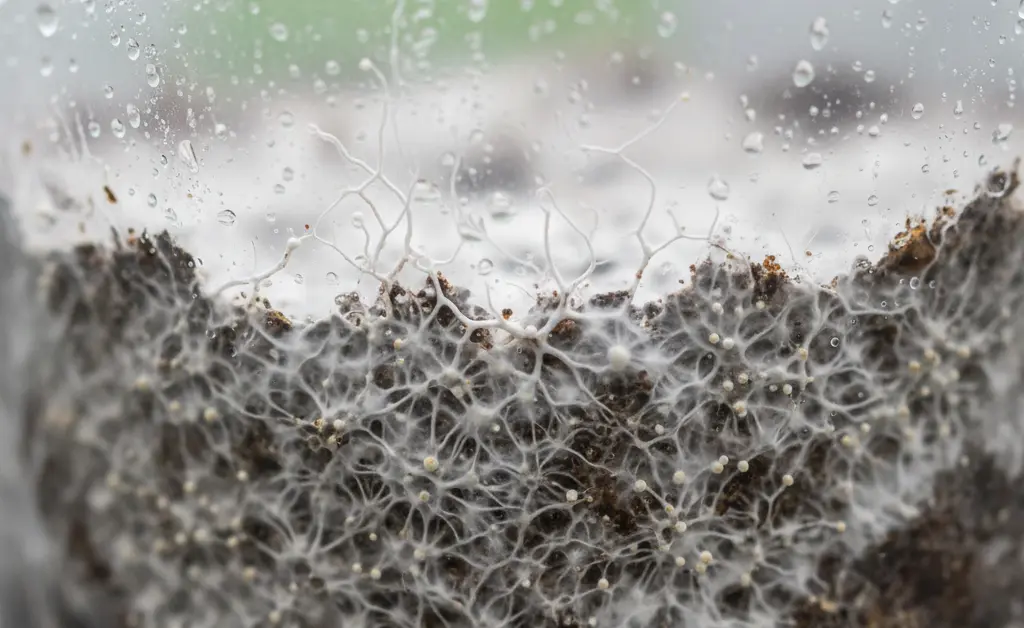 A close-up, photorealistic image showcasing the meticulous process to lion's mane mushroom züchten, with healthy mycelium development visible.