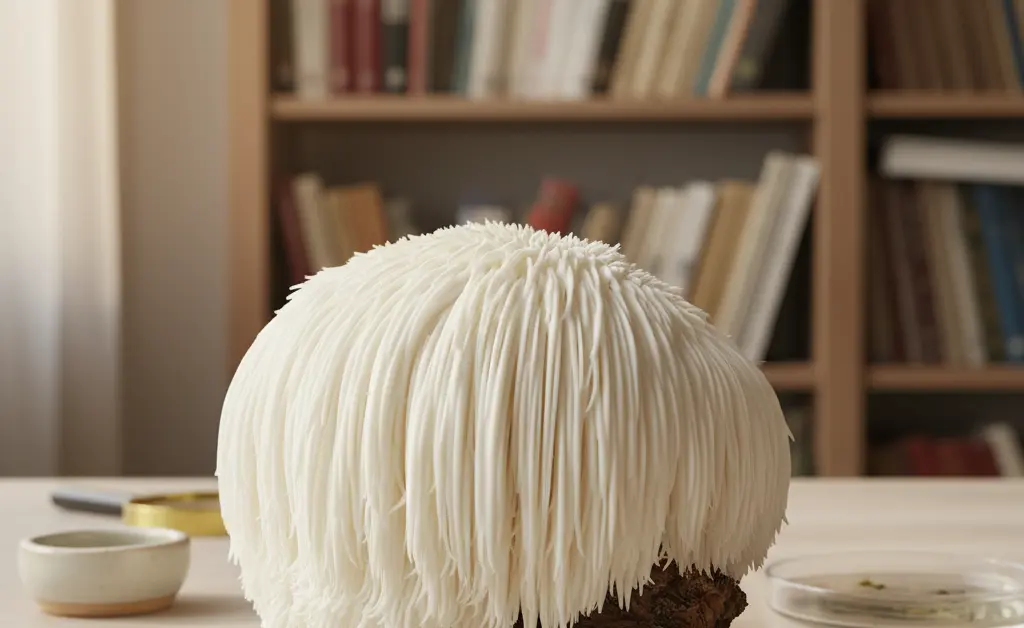 An artistic rendering of a healthy Lions Mane Mushroom Hericium erinaceus - PubMed Central is presented alongside a blurred background suggesting a library or research setting.