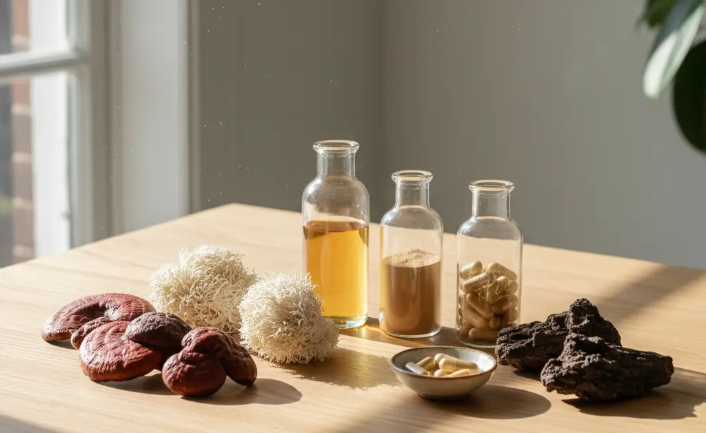 A visually appealing flat lay showcasing various types of medicinal mushrooms and the mushroom supplements benefits they offer.