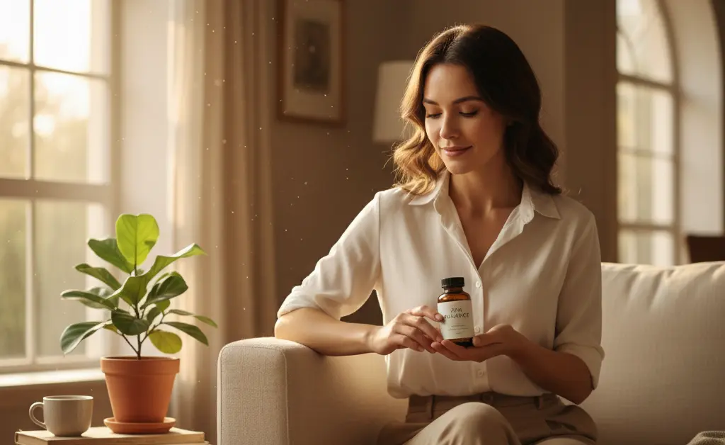 A serene woman finds natural relief with mushroom supplements for anxiety, in a softly lit, calming environment.