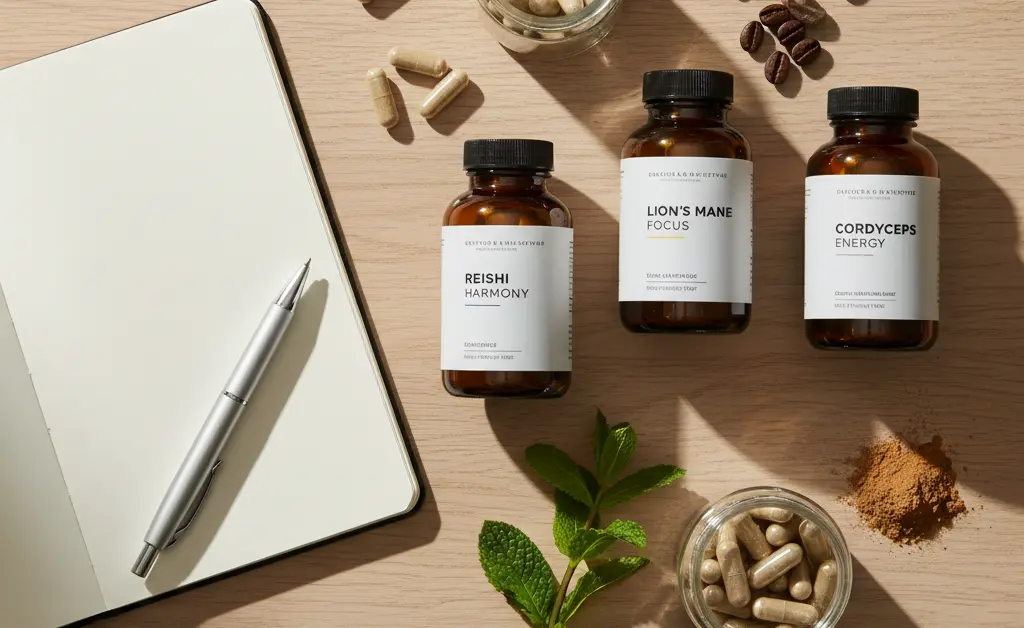A balanced flat lay showcasing various mushroom supplements for energy and focus alongside fresh ingredients and a notebook, bathed in soft, natural light.
