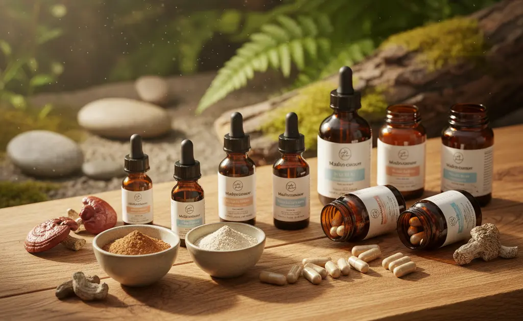 A collection of diverse mushroom supplements for immune system support displayed artfully.