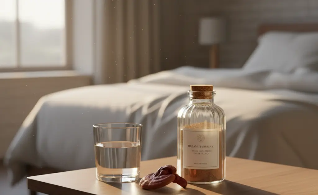 A serene bedroom scene featuring a bedside table with a small bottle of mushroom supplements for sleep next to a glass of water, bathed in soft, ambient morning light.