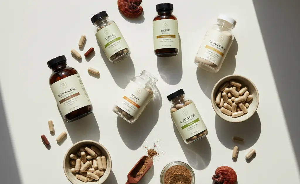 A balanced scene showcasing a variety of mushroom supplements, with subtle visual cues suggesting careful consideration of mushroom supplements side effects.