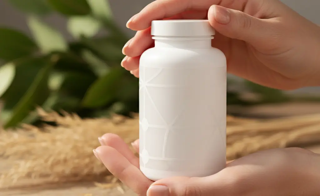 An expert's hand gently holds a bottle of the best quality turkey tail mushroom supplement, surrounded by natural elements.