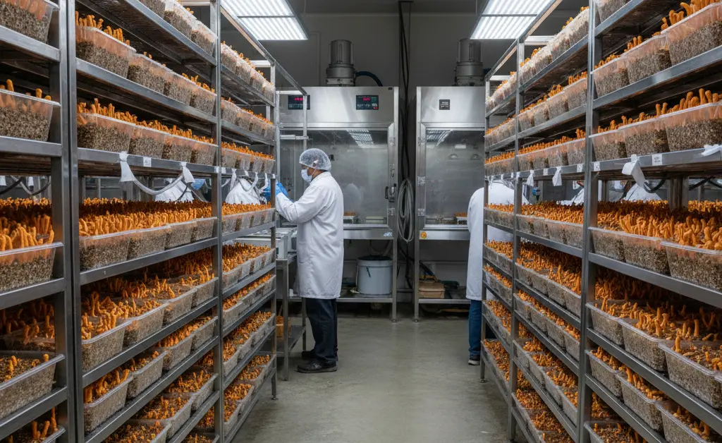 A vibrant and detailed image showcasing the meticulous process of cordyceps mushroom farming in india, highlighting healthy mycelial growth and controlled cultivation environments.