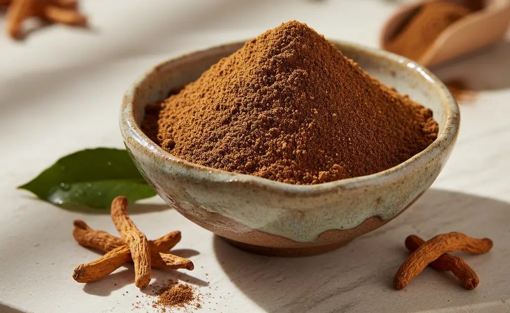 A visually appealing arrangement showcasing the rich texture of cordyceps mushroom powder, presented in a minimalist bowl.