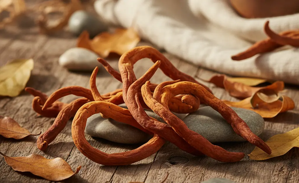 A serene display showcasing the natural beauty of cordyceps mushrooms, hinting at the best cordyceps mushroom price in india.