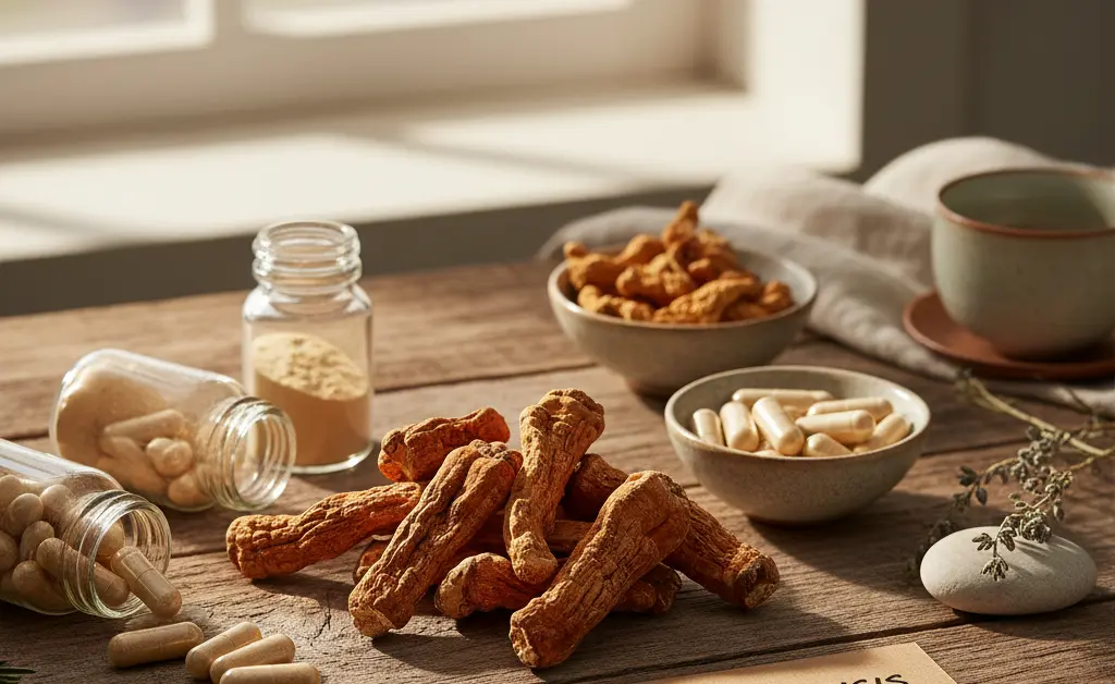 An overhead shot of various forms of cordyceps mushroom supplements, displaying the diversity influencing cordyceps mushroom price usa.