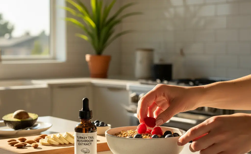 A serene, bright kitchen scene where someone is thoughtfully preparing a healthy breakfast, with a bottle of turkey tail mushroom supplement subtly placed on the counter, symbolizing the exploration of natural wellness for managing health.