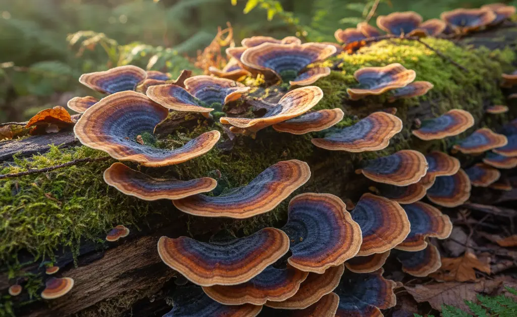 A close-up, realistic shot showcases the vibrant, layered caps of a turkey tail mushroom collection, highlighting the successful process of growing turkey tail mushroom in a natural setting.