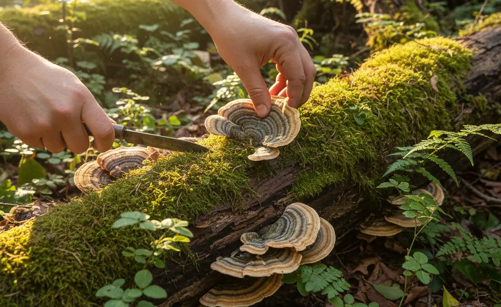 A close-up view of a hand gently performing harvesting turkey tail mushroom from a decaying log in a dappled forest setting, emphasizing sustainability.