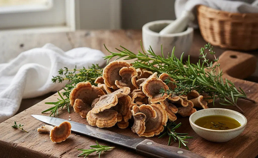 A close-up, natural light photograph showcasing various turkey tail mushrooms being prepared on a rustic wooden cutting board, illustrating how to cook turkey tail mushroom with fresh herbs and culinary tools.