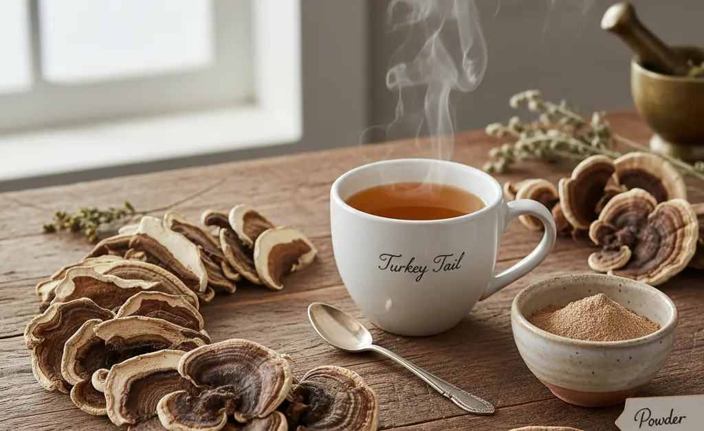 A visually appealing close-up showcases several preparation methods for how to eat turkey tail mushroom, including dried slices, a steeped tea, and a powdered supplement in a small bowl.