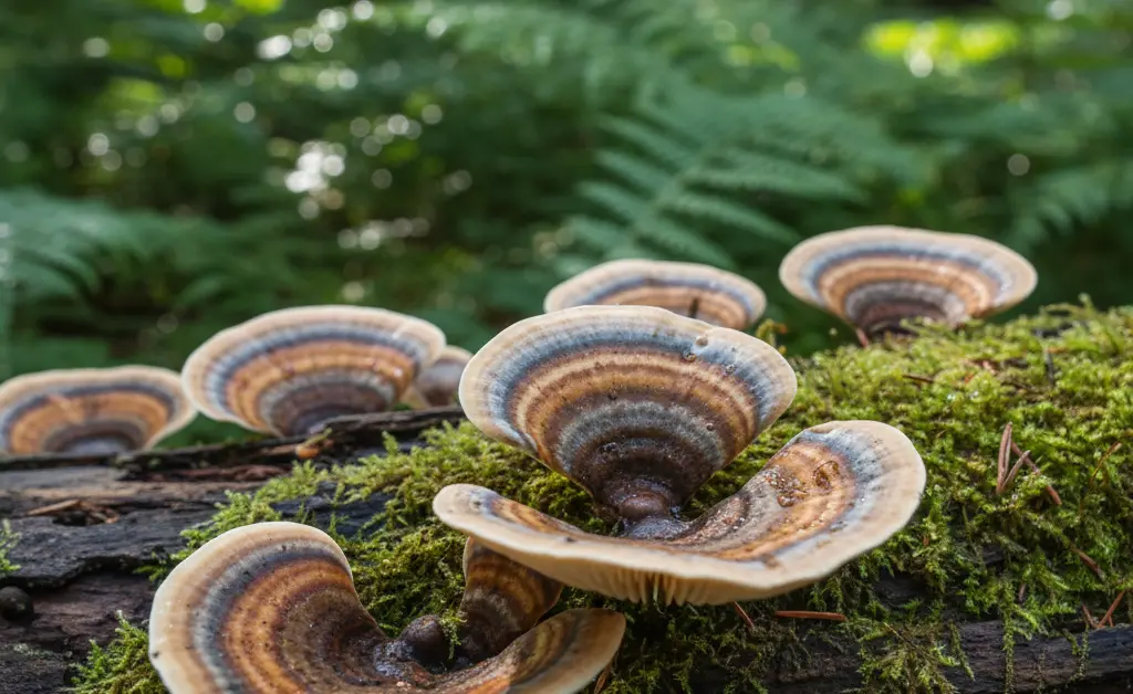 A close-up, editorial photograph showcases the vibrant, concentric rings of a turkey tail mushroom, a clear example of how to identify turkey tail mushroom in its natural forest environment.