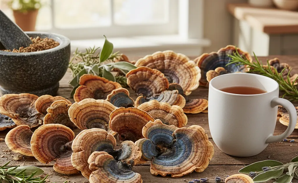 A visually appealing overhead shot showcasing the natural ingredients and tools used in how to prepare turkey tail mushroom for wellness, including fresh mushrooms, a mortar and pestle, and a ceramic mug.