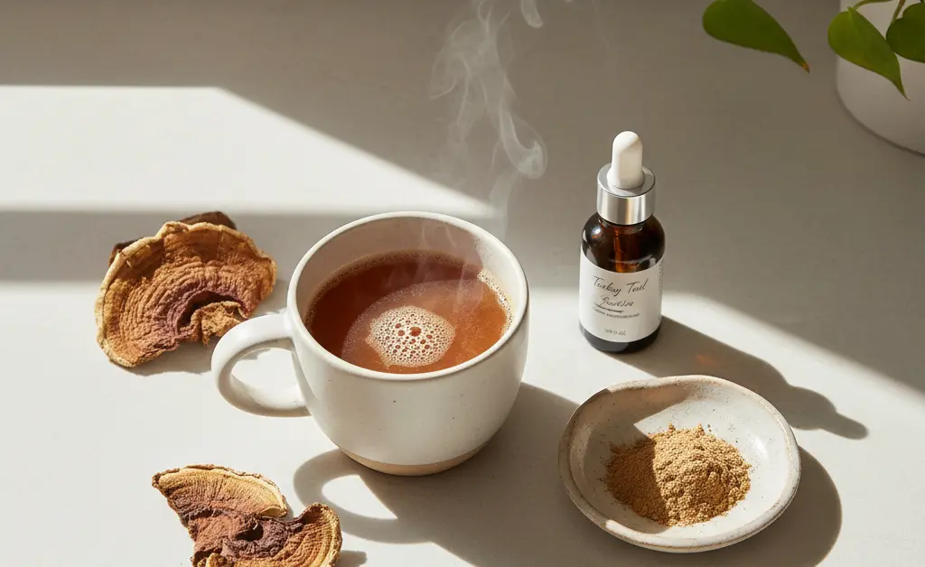 A visually appealing flat lay showcasing various ways how to use turkey tail mushroom, including a simple tea, a tincture bottle, and a small dish of powder.