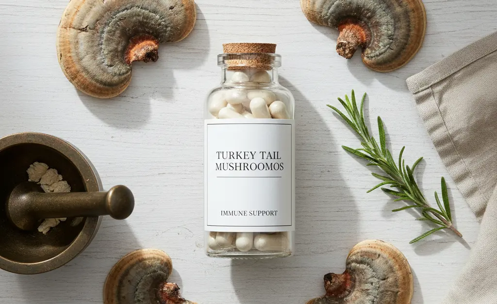 A visually appealing flat lay composition illustrating supplements, featuring a clear glass bottle of turkey tail mushroom capsules, surrounded by a few fresh, whole turkey tail mushrooms and a small mortar and pestle, on a clean, light wooden surface, thoughtfully arranged to answer the question: is turkey tail mushroom safe to take.
