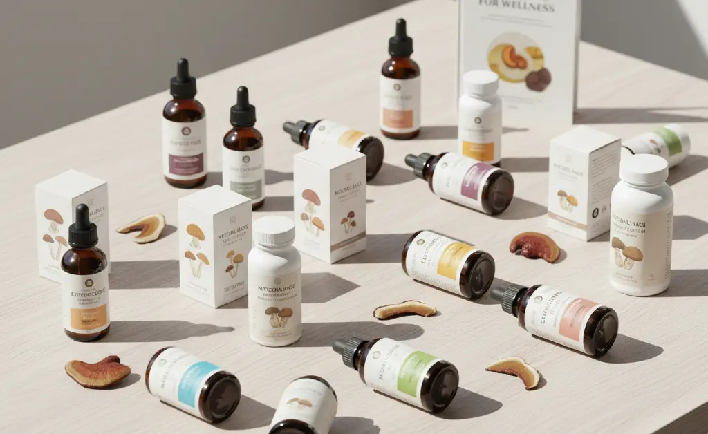 A curated selection of high-quality mushroom supplements stands ready for purchase, showcasing the convenience of finding these items via mushroom supplements amazon.